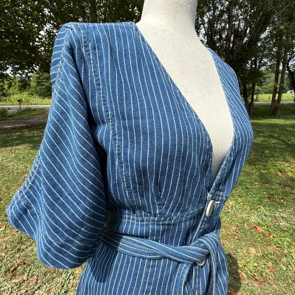 Etica Alyssa Kimono Sleeve Belted Mini Dress Vintage Stripe Blue Denim Small - Picture 7 of 10